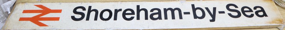 A Shoreham-By-Sea railway sign, label to reverse reads storm damage October 16th 1987